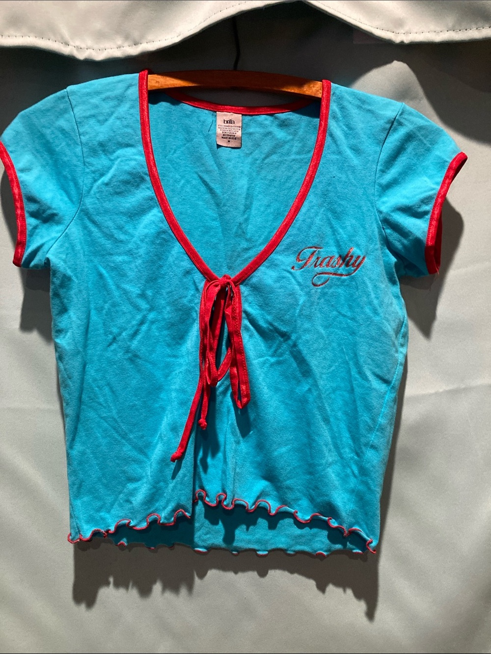 Turquoise Tie-Front Tee with Red Trim